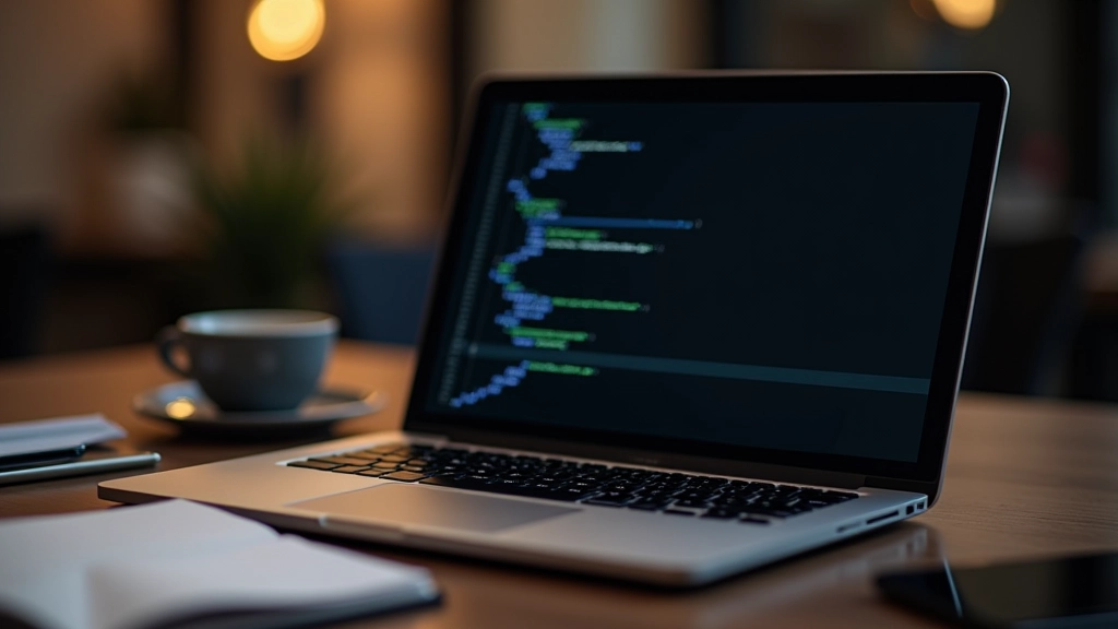 Computador portátil aberto mostrando código JavaScript numa tela, com anotações ao lado